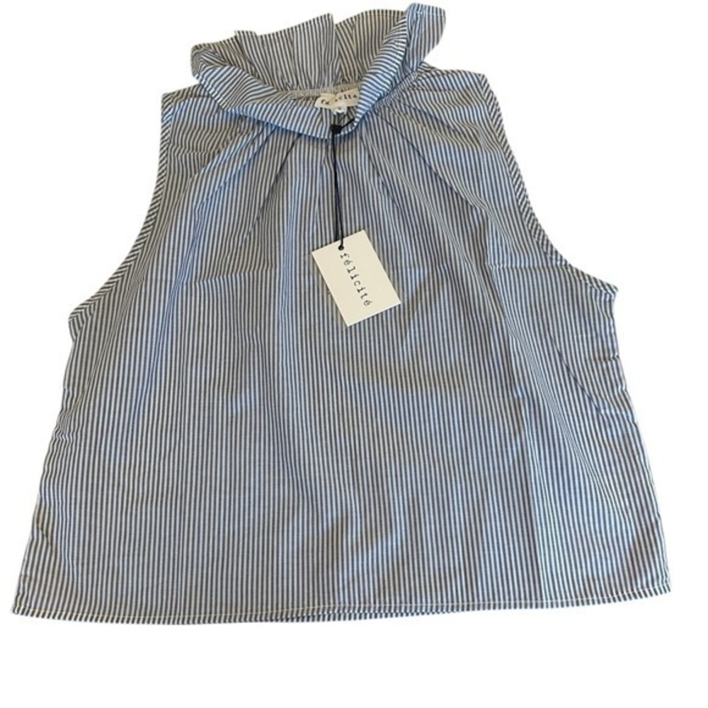 NWT Felicite Sleeveless Ruffle High Neck Top - Womens Size Small - Blue White